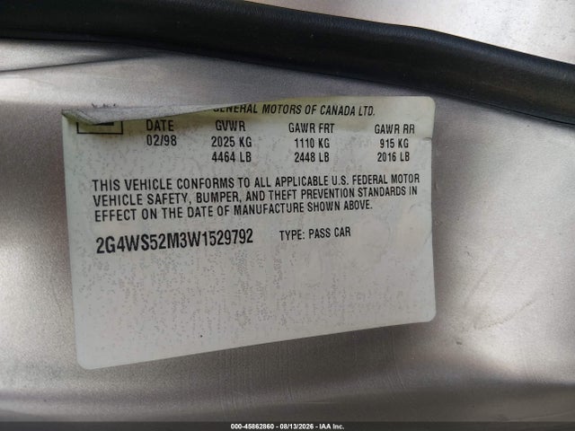 1998 Buick Century Custom მანქანა იყიდება აუქციონზე, vin: 2G4WS52M3W1529792, აუქციონის ნომერი: 45862860