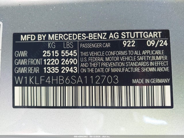 Aukcja sprzedaży 2025 Mercedes-benz E 350, vin: W1KLF4HB6SA112703, numer aukcji: 45862863