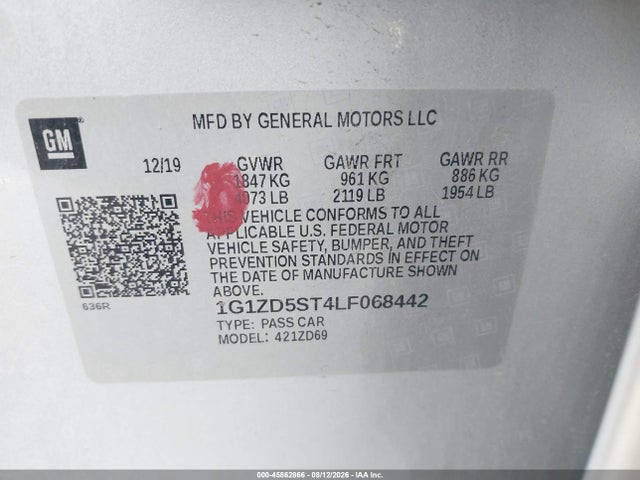 2020 Chevrolet Malibu Fwd Lt მანქანა იყიდება აუქციონზე, vin: 1G1ZD5ST4LF068442, აუქციონის ნომერი: 45862866
