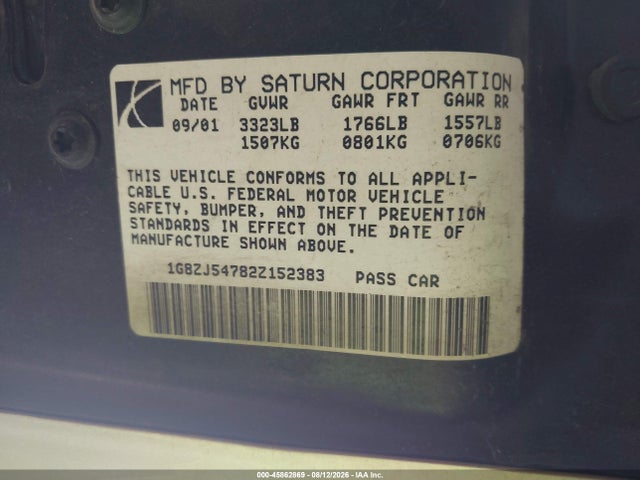 Продаж на аукціоні авто 2002 Saturn S-series Sl2, vin: 1G8ZJ54782Z152383, номер лоту: 45862869