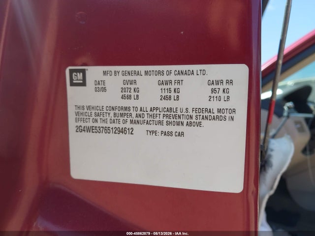 2005 Buick Lacrosse Cxs მანქანა იყიდება აუქციონზე, vin: 2G4WE537651294612, აუქციონის ნომერი: 45862879