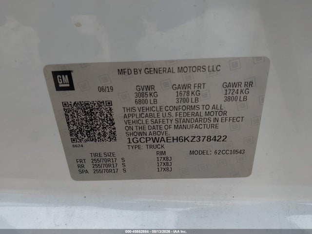 45862884 :رقم المزاد ، 1GCPWAEH6KZ378422 vin ، 2019 Chevrolet Silverado 1500 Work Truck مزاد بيع
