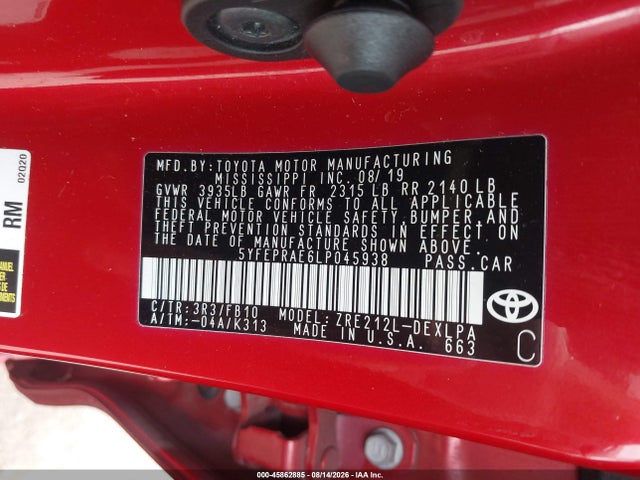 Продаж на аукціоні авто 2020 Toyota Corolla Le, vin: 5YFEPRAE6LP045938, номер лоту: 45862885