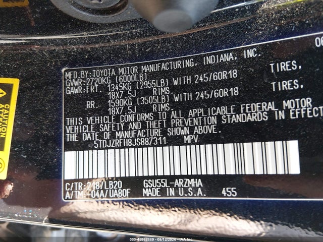 Aukcja sprzedaży 2018 Toyota Highlander Xle, vin: 5TDJZRFH8JS887311, numer aukcji: 45862889