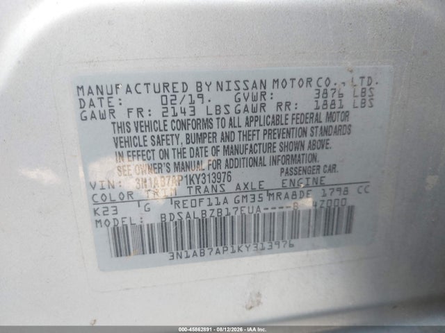 Aukcja sprzedaży 2019 Nissan Sentra S, vin: 3N1AB7AP1KY313976, numer aukcji: 45862891