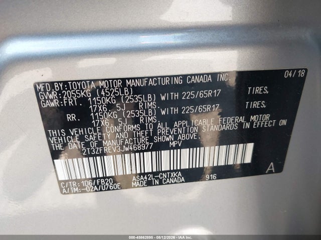 Aukcja sprzedaży 2018 Toyota Rav4 Le, vin: 2T3ZFREV3JW468977, numer aukcji: 45862895