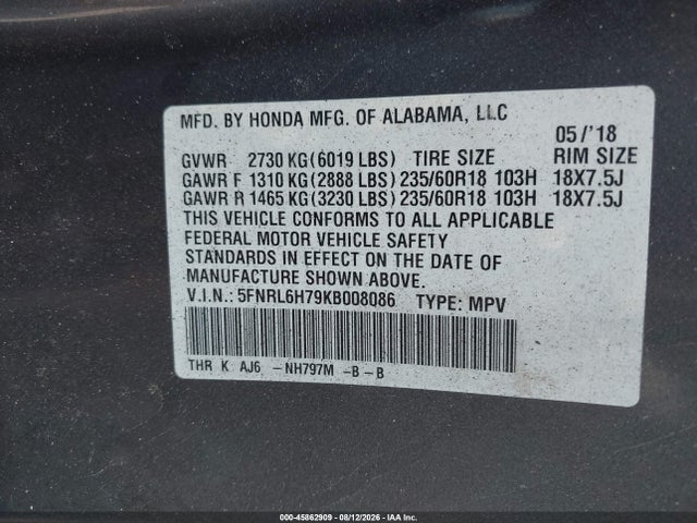 Продажа на аукционе авто 2019 Honda Odyssey Ex-l, vin: 5FNRL6H79KB008086, номер лота: 45862909