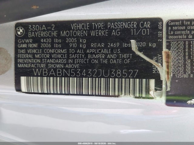 45862910 :رقم المزاد ، WBABN53432JU38527 vin ، 2002 Bmw 330ci مزاد بيع