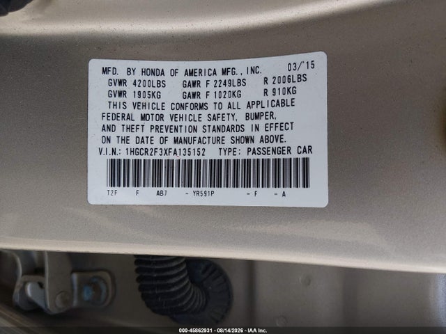 2015 Honda Accord Lx მანქანა იყიდება აუქციონზე, vin: 1HGCR2F3XFA135152, აუქციონის ნომერი: 45862931