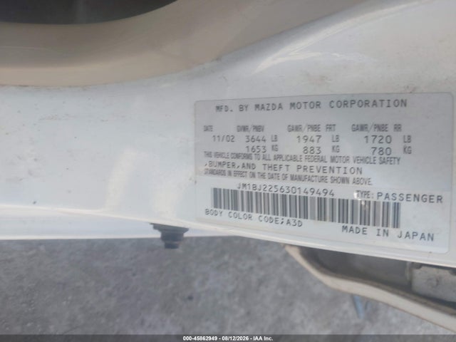45862949 :رقم المزاد ، JM1BJ225630149494 vin ، 2003 Mazda Protege Dx/es/lx مزاد بيع