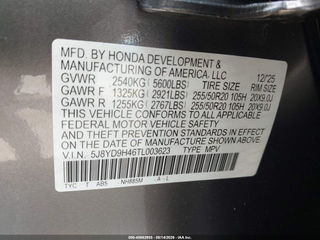 Продаж на аукціоні авто 2026 Acura Mdx Technology, vin: 5J8YD9H46TL003623, номер лоту: 45862955
