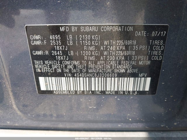 2018 Subaru Outback 2.5i Limited მანქანა იყიდება აუქციონზე, vin: 4S4BSANC8J3206609, აუქციონის ნომერი: 45862957