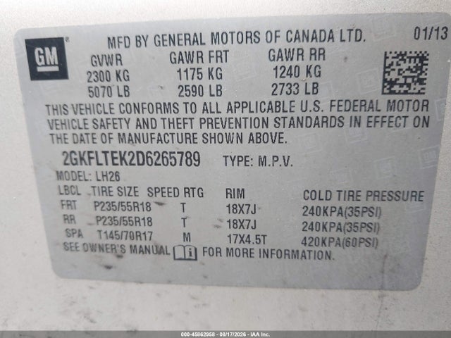 45862958 :رقم المزاد ، 2GKFLTEK2D6265789 vin ، 2013 Gmc Terrain Sle-2 مزاد بيع