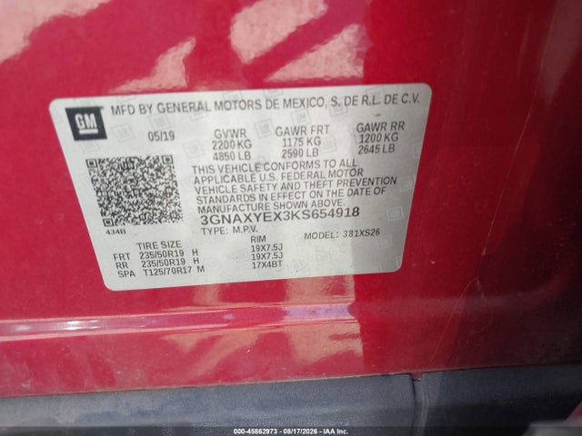 45862973 :رقم المزاد ، 3GNAXYEX3KS654918 vin ، 2019 Chevrolet Equinox Premier مزاد بيع