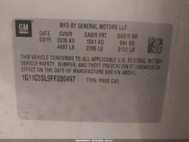 Aukcja sprzedaży 2015 Chevrolet Malibu 1lt, vin: 1G11C5SL9FF280497, numer aukcji: 45862974