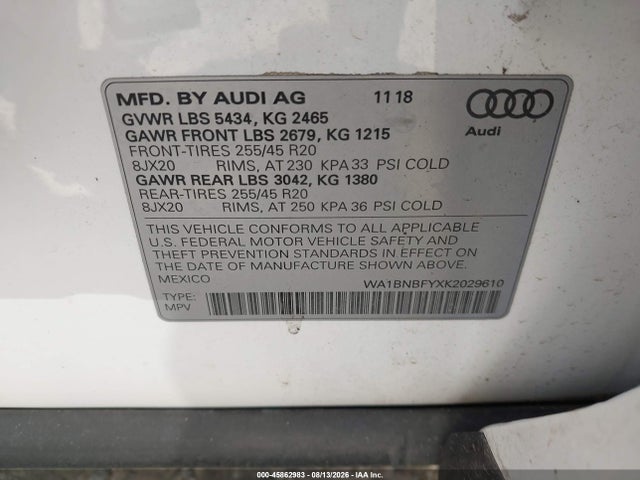 Продаж на аукціоні авто 2019 Audi Q5 45 Premium, vin: WA1BNBFYXK2029610, номер лоту: 45862983