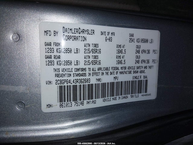 Aukcja sprzedaży 2003 Chrysler Town & Country Limited, vin: 2C8GP64L43R362603, numer aukcji: 45862990