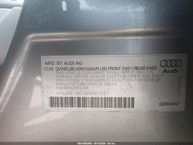 Продажа на аукционе авто 2006 Audi A4 2.0t, vin: WAUDF78E76A061421, номер лота: 45862992
