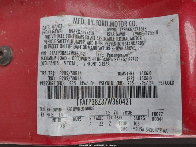 45863001 :رقم المزاد ، 1FAFP38Z37W360421 vin ، 2007 Ford Focus St مزاد بيع
