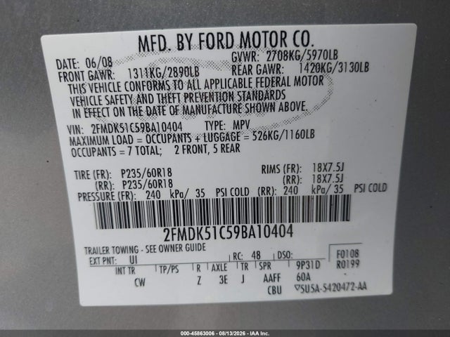 Продаж на аукціоні авто 2009 Ford Flex Se, vin: 2FMDK51C59BA10404, номер лоту: 45863006