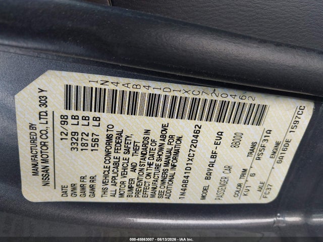 Aukcja sprzedaży 1999 Nissan Sentra Gxe/xe, vin: 1N4AB41D1XC720462, numer aukcji: 45863007