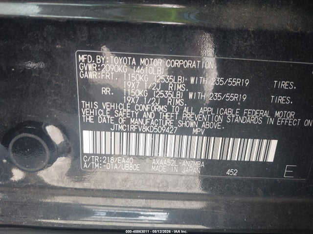 45863011 :رقم المزاد ، JTMC1RFV8KD509427 vin ، 2019 Toyota Rav4 Xle Premium مزاد بيع