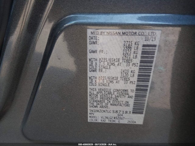 Aukcja sprzedaży 2020 Nissan Pathfinder Sl 4wd, vin: 5N1DR2CM7LC587183, numer aukcji: 45863029