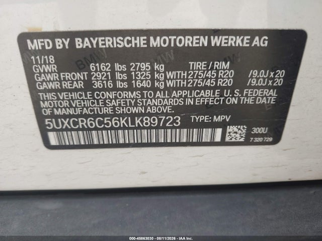 2019 Bmw X5 Xdrive40i მანქანა იყიდება აუქციონზე, vin: 5UXCR6C56KLK89723, აუქციონის ნომერი: 45863030