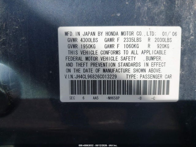 Aukcja sprzedaży 2006 Acura Tsx, vin: JH4CL96826C013229, numer aukcji: 45863032