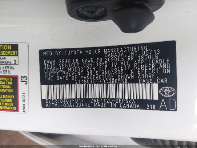 45863042 :رقم المزاد ، 2T1BU4EEXDC088558 vin ، 2013 Toyota Corolla S مزاد بيع