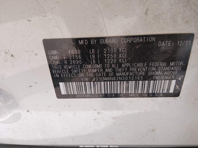 Продажа на аукционе авто 2022 Subaru Legacy Limited, vin: 4S3BWAN62N3012165, номер лота: 45863043