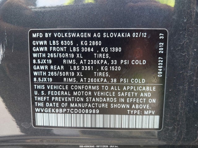 Продаж на аукціоні авто 2012 Volkswagen Touareg Tdi Lux, vin: WVGEK9BP7CD008989, номер лоту: 45863045