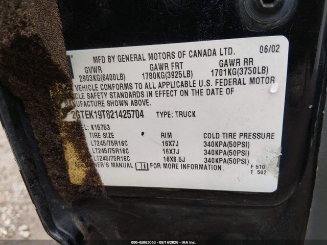 45863053 :رقم المزاد ، 2GTEK19T821425704 vin ، 2002 Gmc Sierra 1500 Sle مزاد بيع