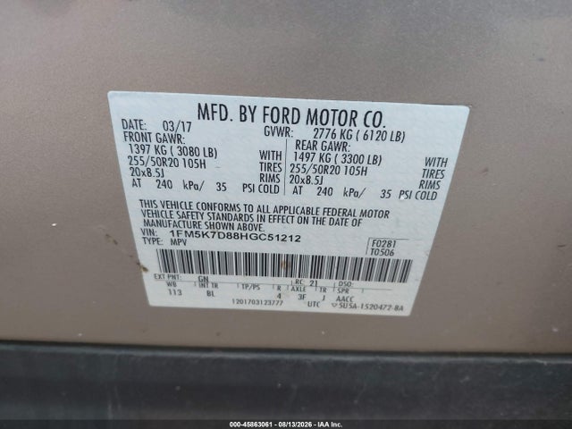 2017 Ford Explorer Xlt მანქანა იყიდება აუქციონზე, vin: 1FM5K7D88HGC51212, აუქციონის ნომერი: 45863061