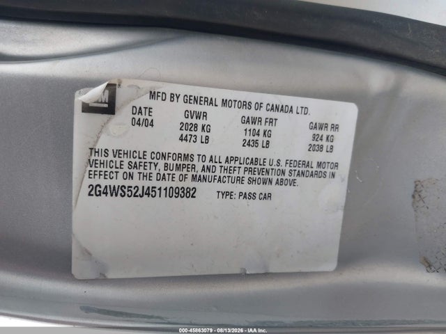 2005 Buick Century მანქანა იყიდება აუქციონზე, vin: 2G4WS52J451109382, აუქციონის ნომერი: 45863079
