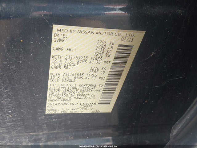 45863084 :رقم المزاد ، 5N1AZ2MH9FN216698 vin ، 2015 Nissan Murano Sl مزاد بيع