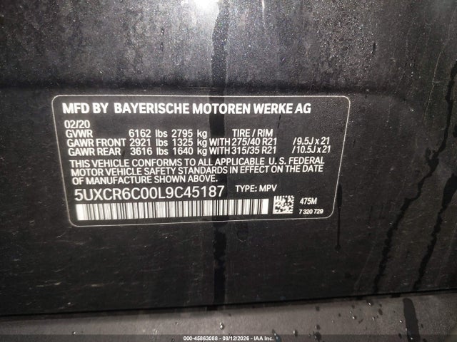 2020 Bmw X5 Xdrive40i მანქანა იყიდება აუქციონზე, vin: 5UXCR6C00L9C45187, აუქციონის ნომერი: 45863088