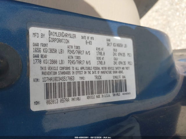 Продаж на аукціоні авто 2004 Dodge Ram 1500 Slt/laramie, vin: 1D7HA18D34S517063, номер лоту: 45863091