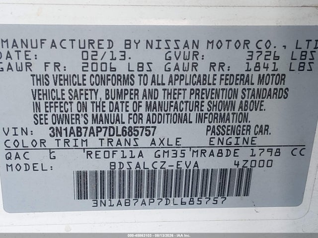 45863103 :رقم المزاد ، 3N1AB7AP7DL685757 vin ، 2013 Nissan Sentra S مزاد بيع