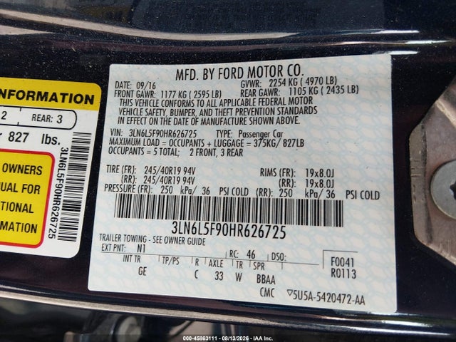 Auction sale of the 2017 Lincoln Mkz Reserve, vin: 3LN6L5F90HR626725, lot number: 45863111