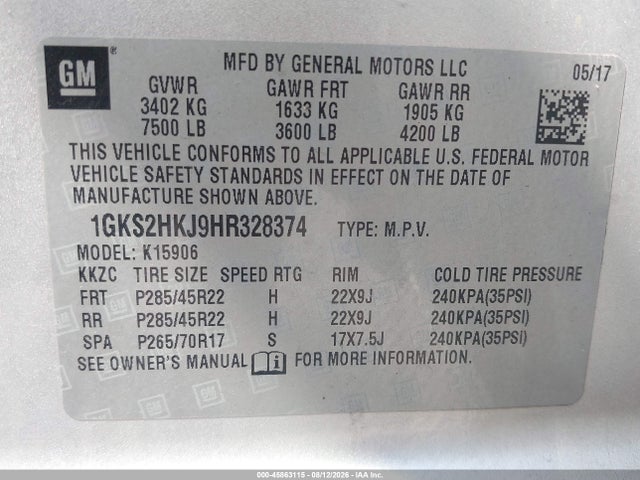 Aukcja sprzedaży 2017 Gmc Yukon Xl Denali, vin: 1GKS2HKJ9HR328374, numer aukcji: 45863115