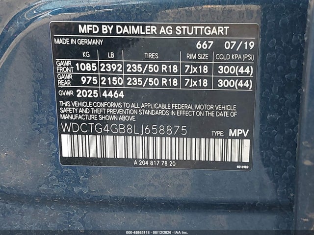 Aukcja sprzedaży 2020 Mercedes-benz Gla 250 4matic, vin: WDCTG4GB8LJ658875, numer aukcji: 45863118
