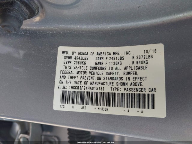 45863120 :رقم المزاد ، 1HGCR3F94HA015151 vin ، 2017 Honda Accord Touring V6 مزاد بيع