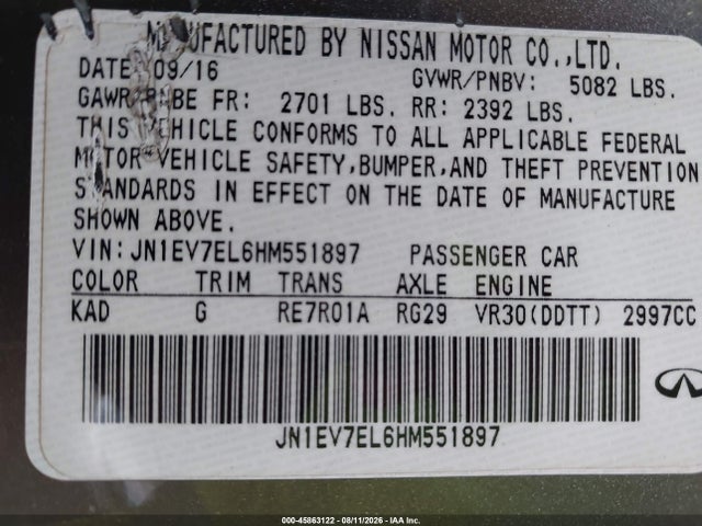 Aukcja sprzedaży 2017 Infiniti Q60 3.0t Premium, vin: JN1EV7EL6HM551897, numer aukcji: 45863122