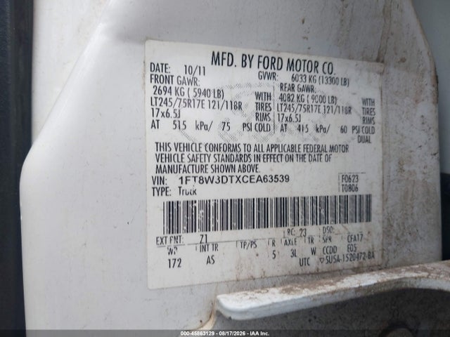 45863129 :رقم المزاد ، 1FT8W3DTXCEA63539 vin ، 2012 Ford F-350 Xl مزاد بيع
