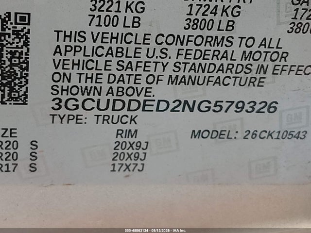 3GCUDDED2NG579326 Chevrolet Silverado 1500 4wd Standard Bed Lt