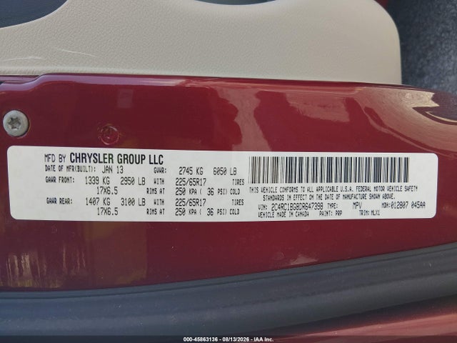 45863136 :رقم المزاد ، 2C4RC1BG8DR647398 vin ، 2013 Chrysler Town & Country Touring مزاد بيع