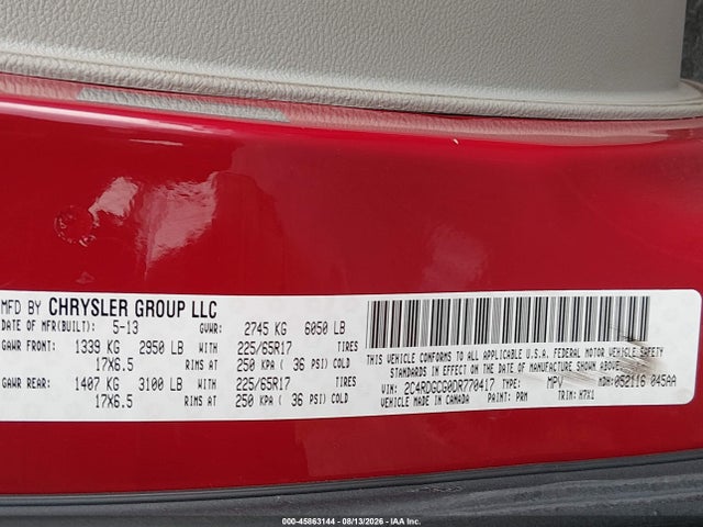 Продажа на аукционе авто 2013 Dodge Grand Caravan Sxt, vin: 2C4RDGCG0DR770417, номер лота: 45863144