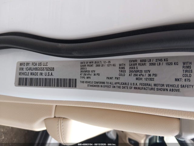 Продаж на аукціоні авто 2025 Jeep Grand Cherokee Limited 4x4, vin: 1C4RJHBG6S8792608, номер лоту: 45863154