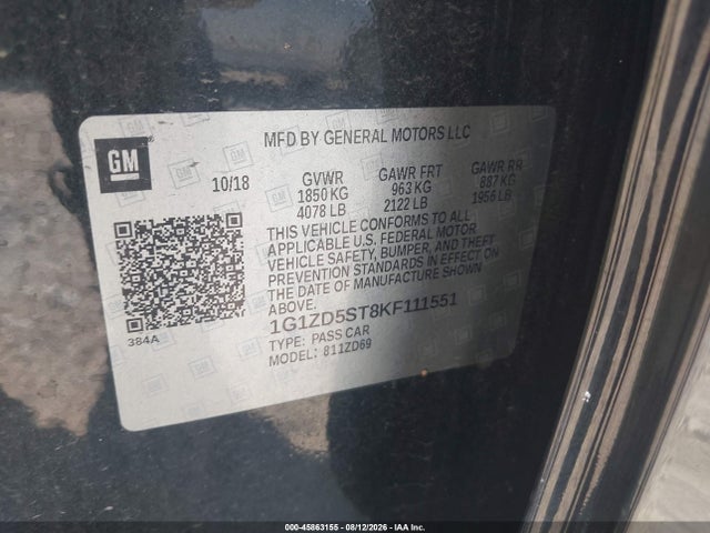 Продаж на аукціоні авто 2019 Chevrolet Malibu Lt, vin: 1G1ZD5ST8KF111551, номер лоту: 45863155